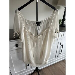 Lane Bryant Ivory Chiffon Blouson Top Smocked Hem Tie Sleeve Blouse Plus 18/20
